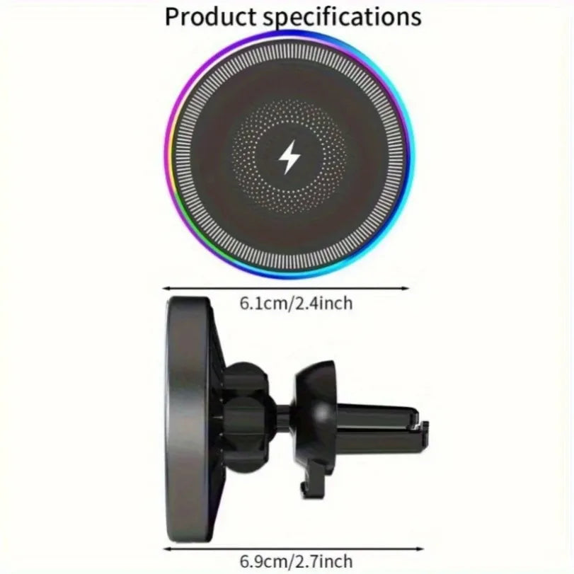 VIKEFON 3-in-1 RGB Magnetic Wireless Car Charger – 360° Air Vent Phone Mount for MagSafe iPhone 16 15 14 13 Pro Max