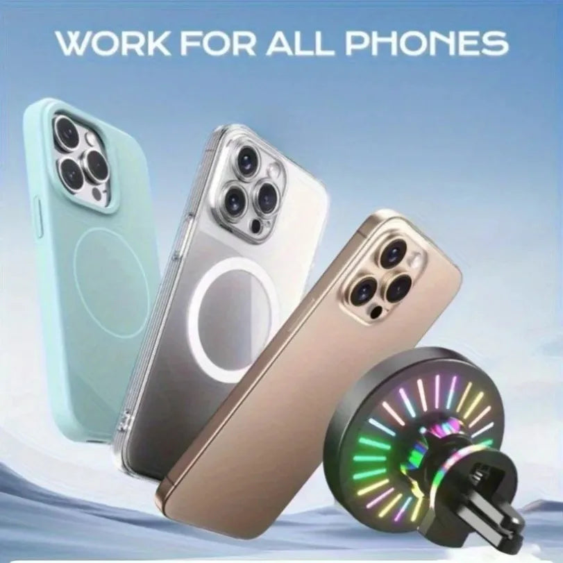 VIKEFON 3-in-1 RGB Magnetic Wireless Car Charger – 360° Air Vent Phone Mount for MagSafe iPhone 16 15 14 13 Pro Max