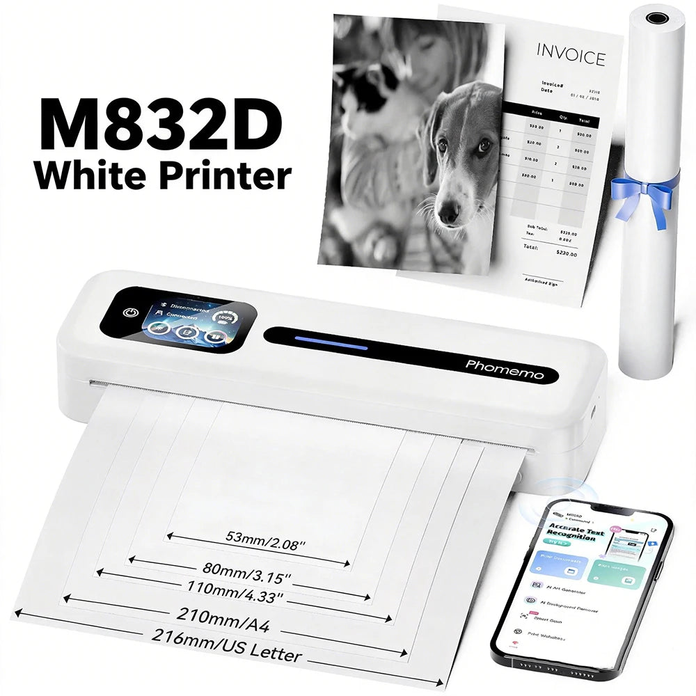 Phomemo M832D Portable Touchscreen Thermal Printer – Inkless A4/US Letter Wireless Smart Printer