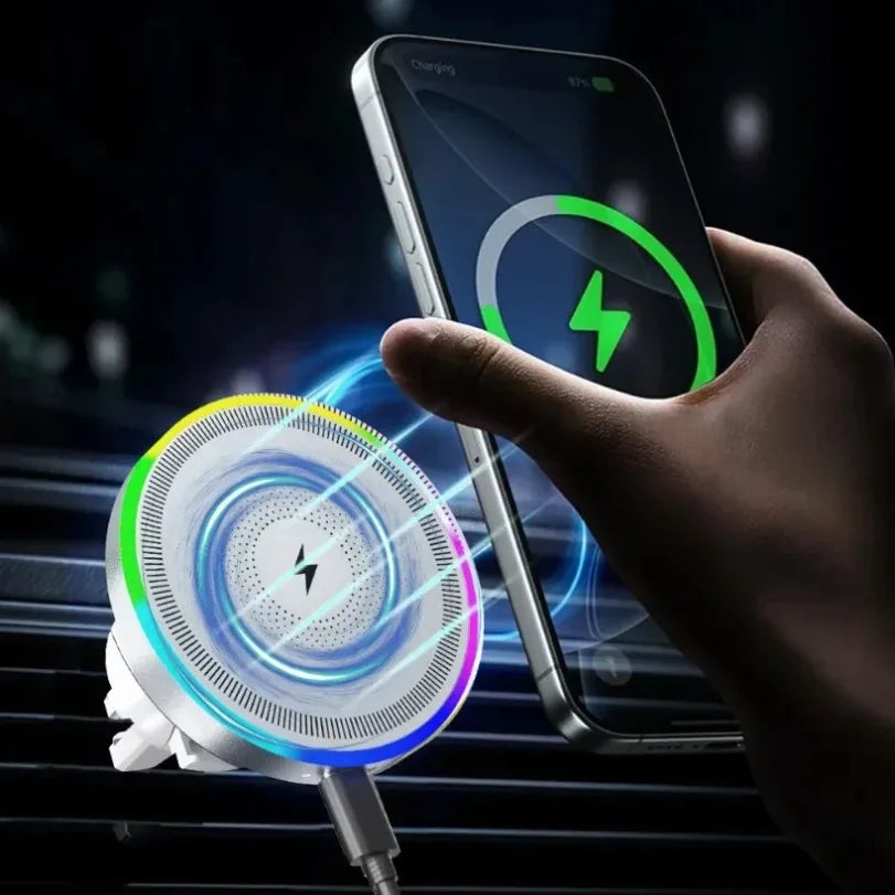 VIKEFON 3-in-1 RGB Magnetic Wireless Car Charger – 360° Air Vent Phone Mount for MagSafe iPhone 16 15 14 13 Pro Max