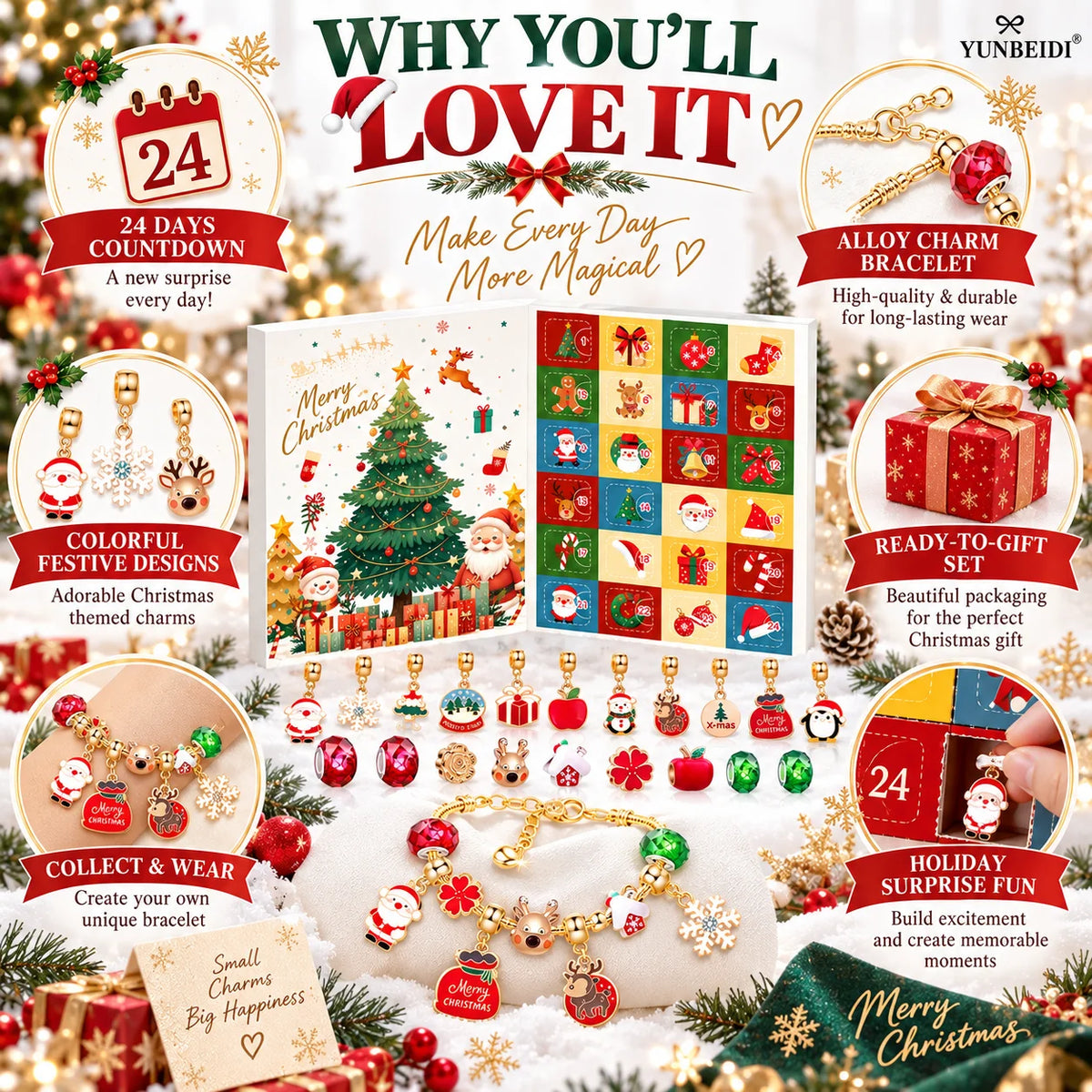 MerryMini Christmas 24-Day Holiday Charm Bracelet Advent Calendar