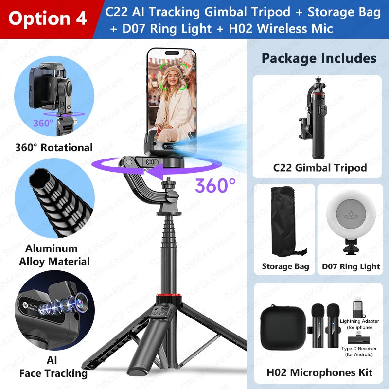TOKQI C22 Smart AI Face-Tracking Gimbal & Tripod