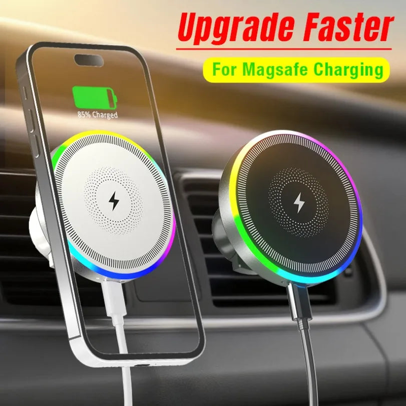 VIKEFON 3-in-1 RGB Magnetic Wireless Car Charger – 360° Air Vent Phone Mount for MagSafe iPhone 16 15 14 13 Pro Max