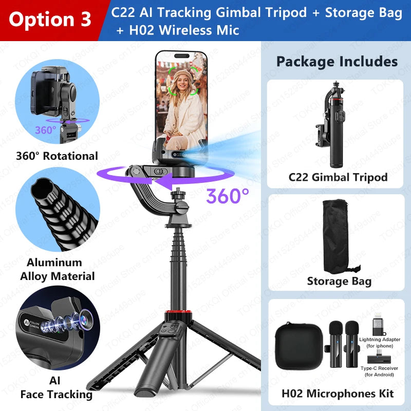 TOKQI C22 Smart AI Face-Tracking Gimbal & Tripod